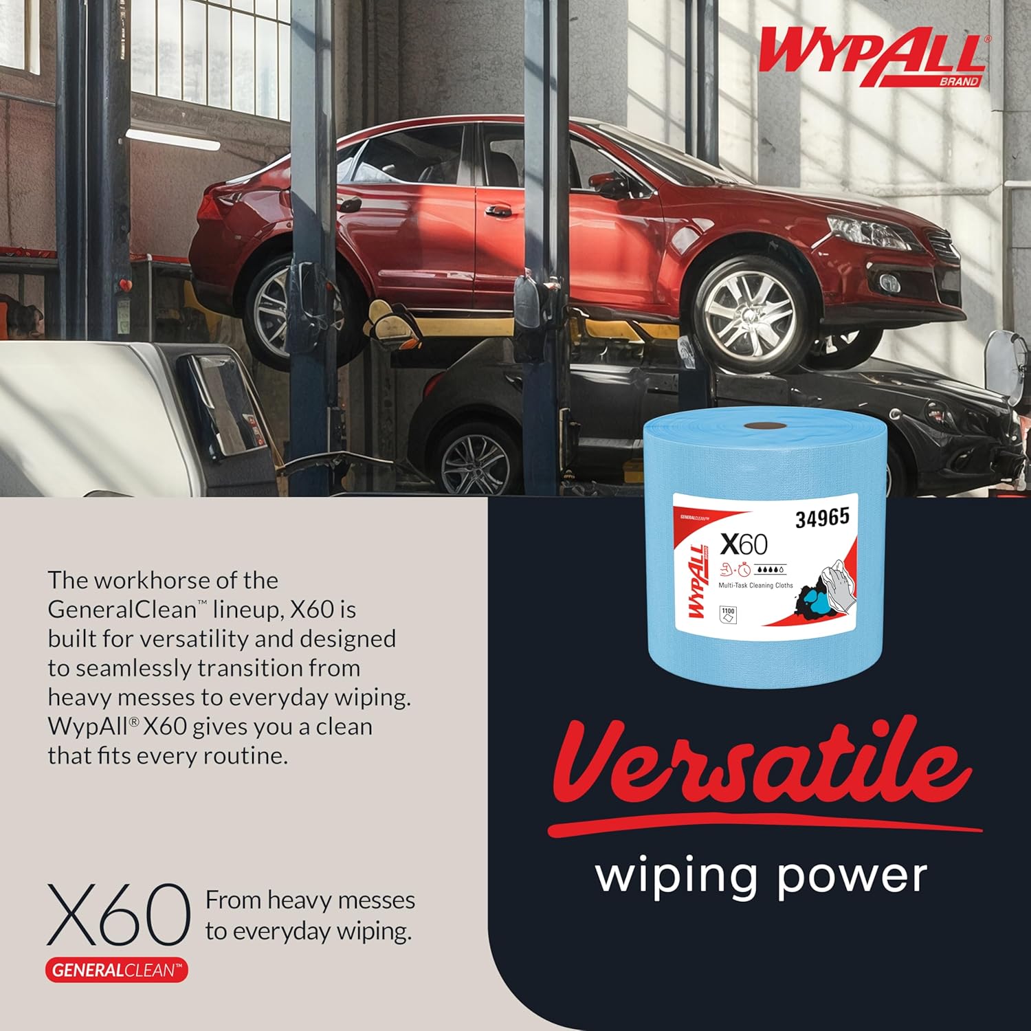 WypAll GeneralClean X60 Cleaning Wipes - Strong & Absorbent Multi-Task Towels, Jumbo Blue Roll (1,100 Sheets)