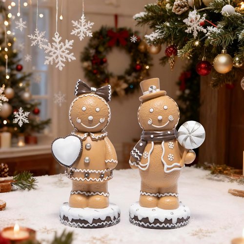 Hodao Gingerbread Couple Figurines - Cute Resin Christmas Decorations | Set of 2, 7.5" Tall Ornaments