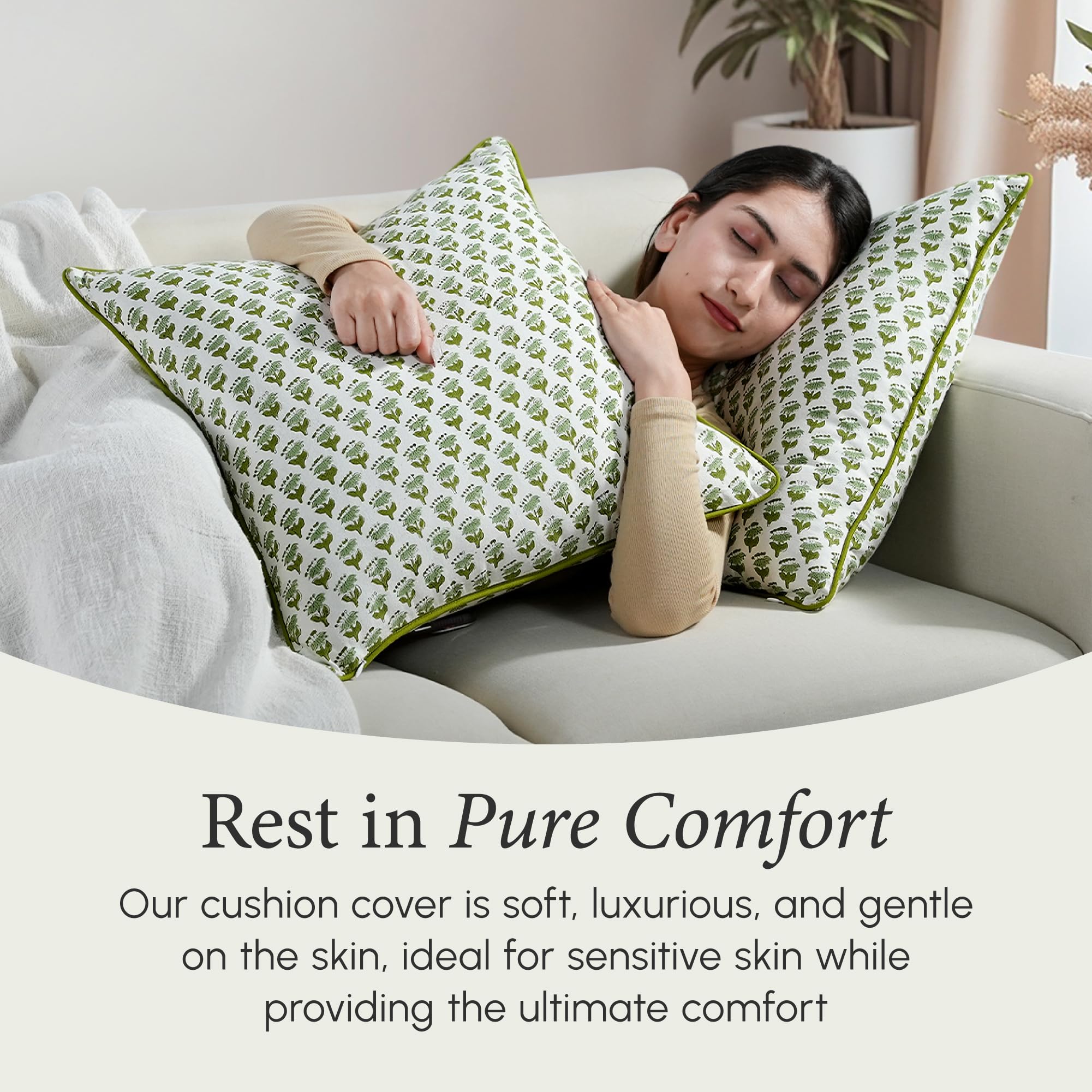 CPC 100% Cotton Throw Pillow Covers 24x24 Inch, Set of 2 Green Block Print Pattern Couch Pillow, Cute Boho Decorative Pillows for Living Room, Bedroom with Hidden Zipper- Emerald Green