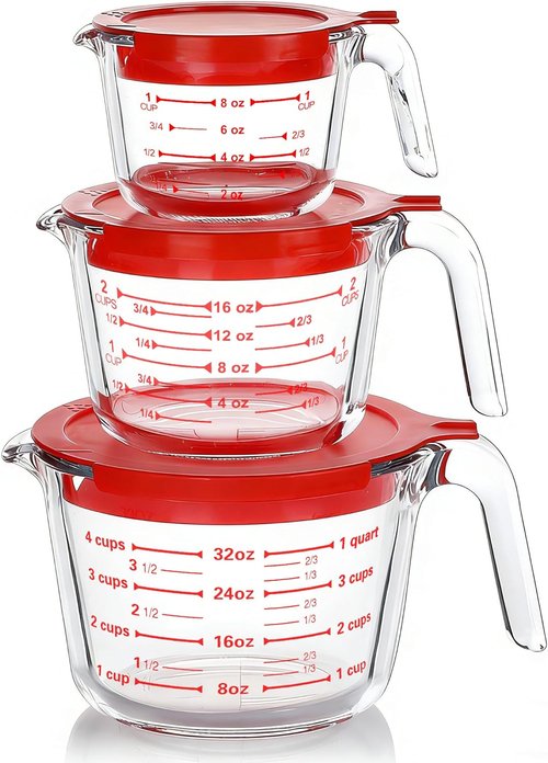 MCIRCO Glass Measuring Cups Set - 6 Pcs with Lids, Nesting Design, 1-Cup to 4-Cup Sizes for Kitchen Use
