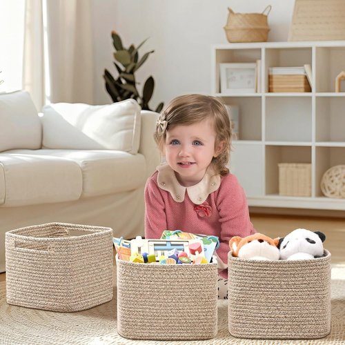 Jute 3 Pack Cube Storage Bins - 9”x9”x7” Cotton Rope Baskets for Organizing Toys, Clothes & More