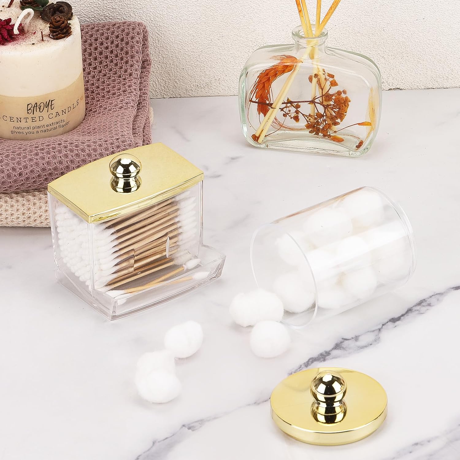 Tbestmax Qtip Dispenser - Stylish Bathroom Organizer with Gold Lid | 2-Pack Plastic Apothecary Jars