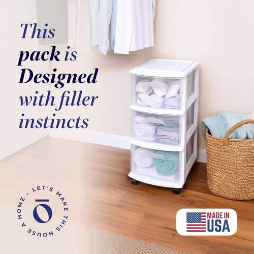 HOMZ 3-Tier Rolling Storage Cart - White Frame with Clear Bin Drawers for Home & Office Organization