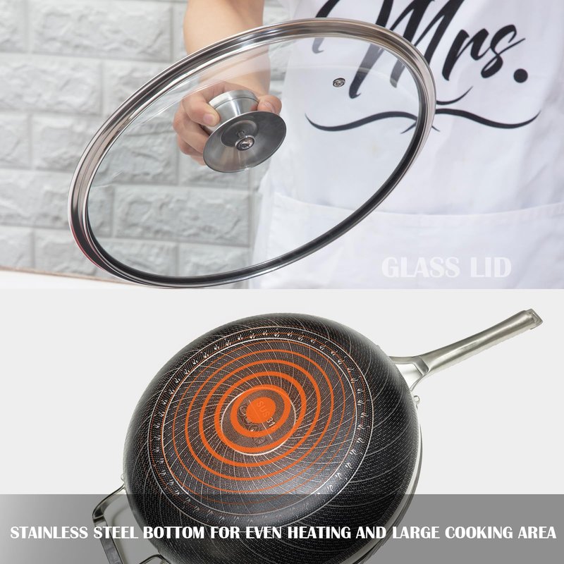 Toutrop Wok,13 Inch Hybrid Woks & Stir-Fry Pans Nonstick, Large Stainless Steel Wok with Lid,Induction Non Stick Woks,PFOA Free Cookware,Dishwasher And Oven Safe
