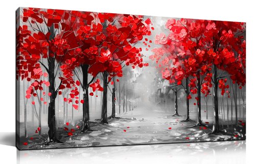 Tree Wall Art for Living Room, Black White and Red Canvas Wall-Decor for Bedroom, Size 20x40 Inches