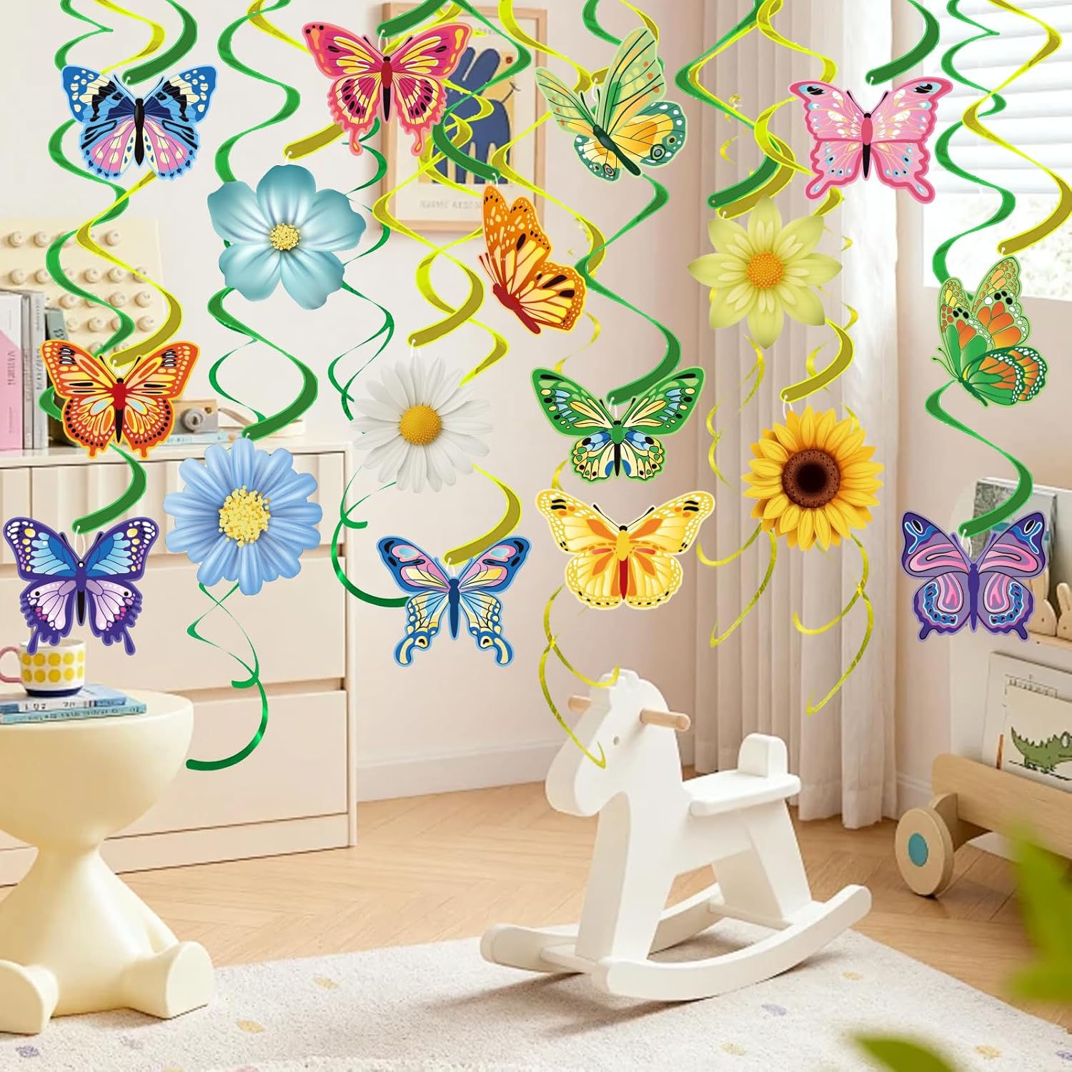 Skiennix 33-Piece Spring Hanging Decorations - Flower & Butterfly Swirl Streamers for Easter & Birthday Parties