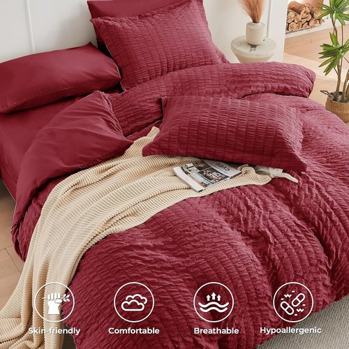 HYMOKEGE Burgundy King Size Comforter Set - 7-Piece All-Season Luxury Bedding Set with Sheets & Pillowcases
