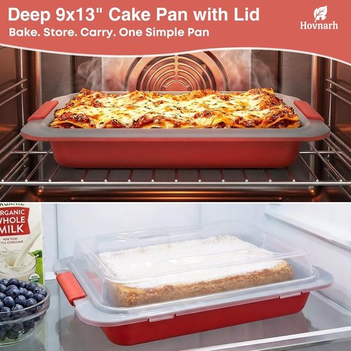 9x13 Nonstick Baking Pan with Lid - Heavy Duty, Deep Cake Pan for RV & Convection Oven | Coral Red