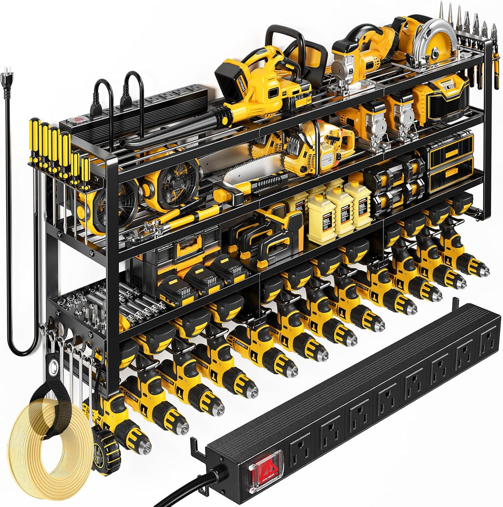 POKIPO Power Tool Organizer - 49.5" Wall Mount with Charging Station & 8 Outlet Power Strip | Heavy Duty 4 Tier Storage for 12 Cordless Drills