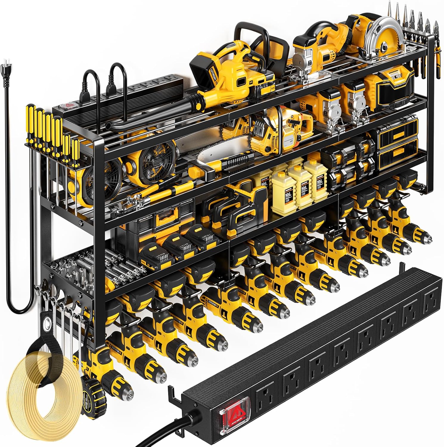 POKIPO Power Tool Organizer - 49.5" Wall Mount with Charging Station & 8 Outlet Power Strip | Heavy Duty 4 Tier Storage for 12 Cordless Drills