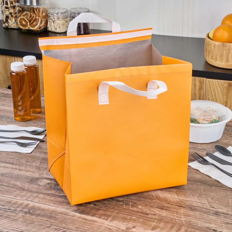 Restaurantware Insulated Delivery Bags 25 Count 11.811 x 7.874 x 12.598 Inches Nonwoven Take Out Bags For Food With Sturdy Handles, Orange Insulated Grocery Bags Tamper-Evident Foldable