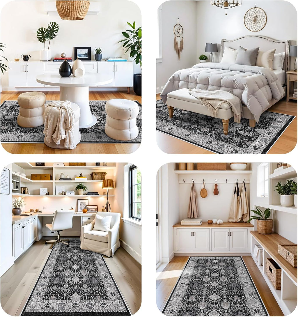 Regine Switzerland 4x10 Washable Hallway Runner Rug - Ultra Soft, Stain Resistant, Non-Slip | Black