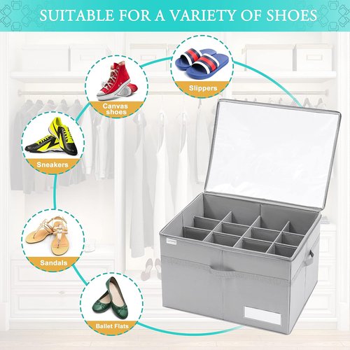 LUVHOMEE Shoe Organizer - Space-Saving Storage for 16 Pairs | Clear Foldable Bins with Reinforced Handles - Gray