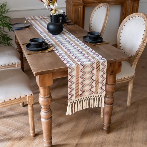 Crisjanggo Cotton Linen Table Runner 12 x 90 Inches Long Boho Rustic Decor with Tassels Modern Farmhouse Table Runner for Party Weddings Baby Shower