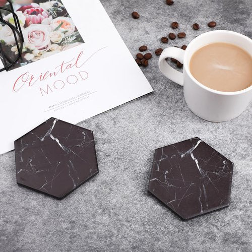 Warmroom Absorbent Hexagon Black Marble Coasters for Drink with Gold Holder and Cork Base Set of 6 Decorative Tabletop Protection for Bar Kitchen Home and Dining Room