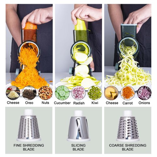 Rotary Cheese Grater Cheese Shredder, Cheese Grater Handheld with Strong Suction Base,Kitchen Vegetable Slicer 3 Replaceable Stainless Drum Blades for Fruit, Food, Nuts,Easy to Use Clean (White)