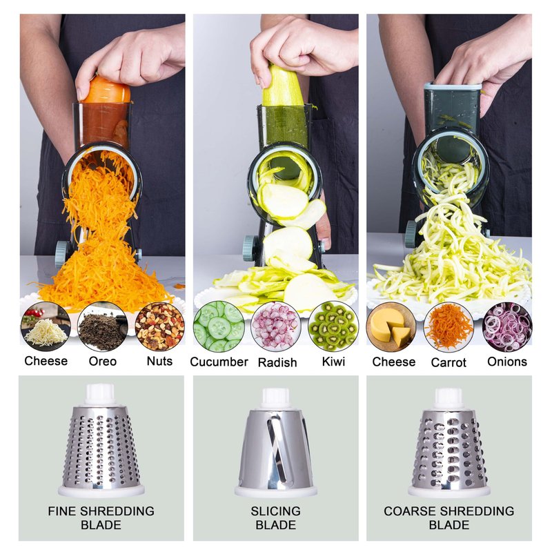 White Rotary Cheese Grater with Suction Base, Hand Crank Cheese Grater for Hard Cheese, Vegetables，Nuts, 3 Stainless Steel Drum Blades, Easy Clean Kitchen Gadget
