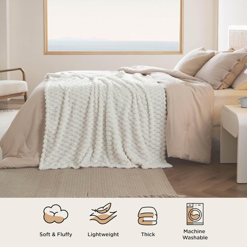 Bedsure Off White Throw Blanket - 350GSM Fluffy Plush Fleece for Cozy Home Decor | 50x60 Inches