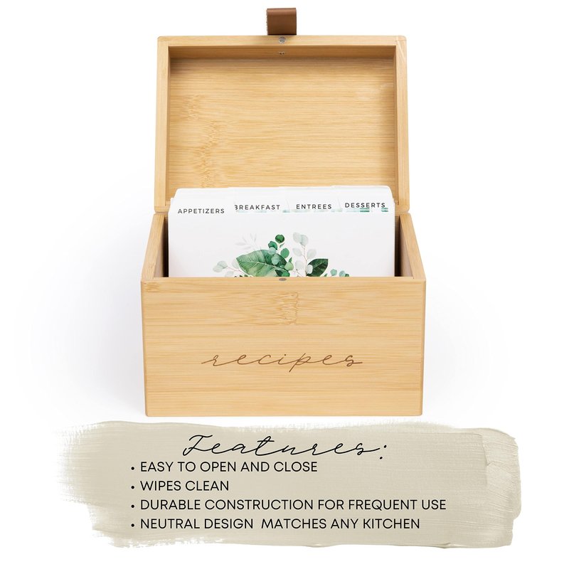 Pera Blanca Recipe Box with Cards and Dividers | Faux Leather Handle | 50 Eucalyptus Patterned Recipe Cards | Wooden Box | Housewarming Gift | 4x6