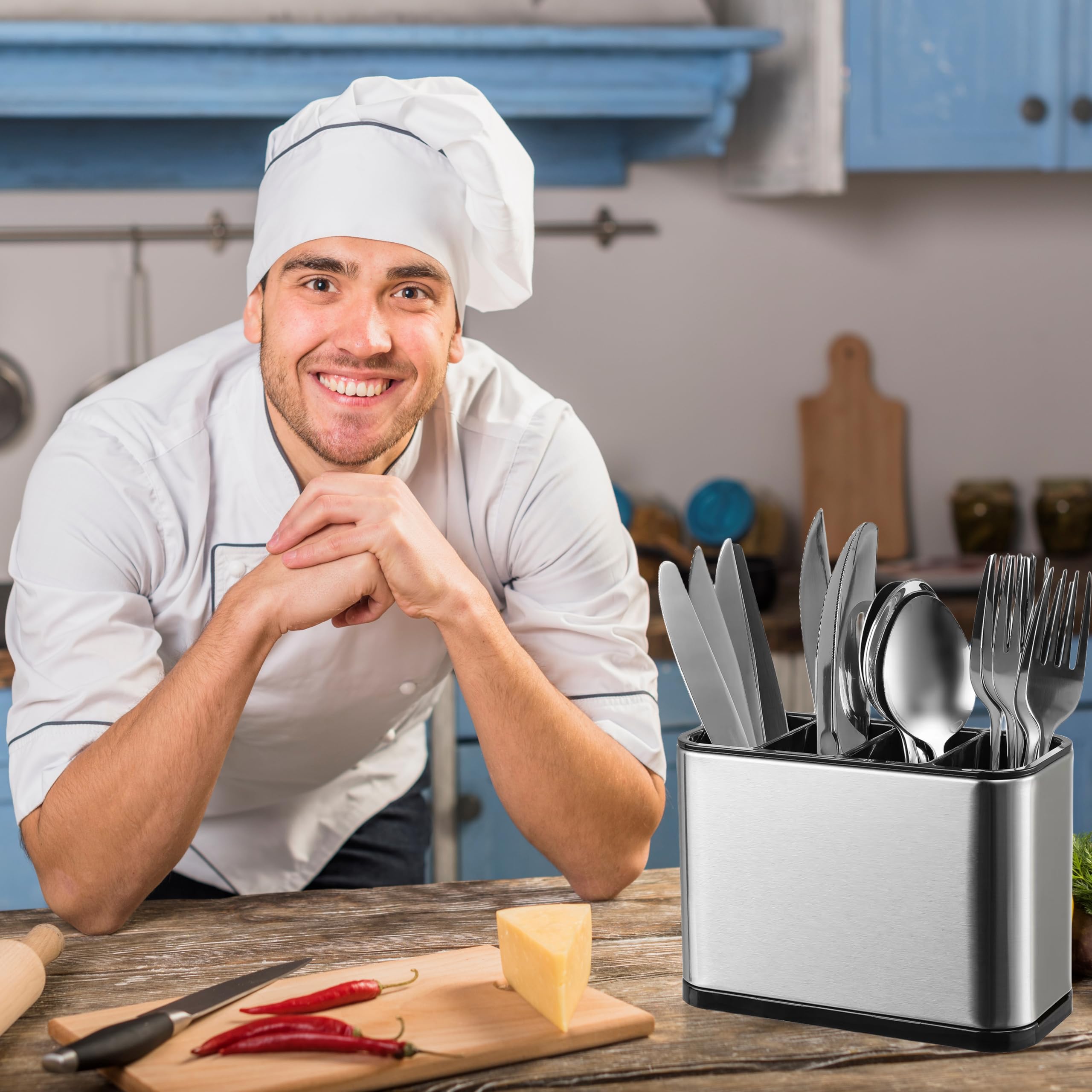 LIBODOUR Utensil Holder,Stainless Steel Caddy Counter,Spoon holder,4 Compartments Silverware Caddy,Capacity Flatware Spoon Fork Tool Cutlery Holder（Silvery）