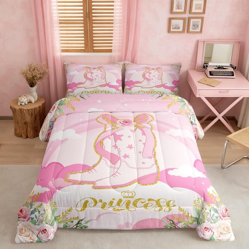 Manfei Cowgirl Boots Kids Queen Comforter Sets,Western Pink Girly Reversible Bedding Set for Girls Children,Kawaii Girl Boots Bowknot 3 Pieces Quilt Sets,South West Pink Duvet Insert,2 Pillow Cases