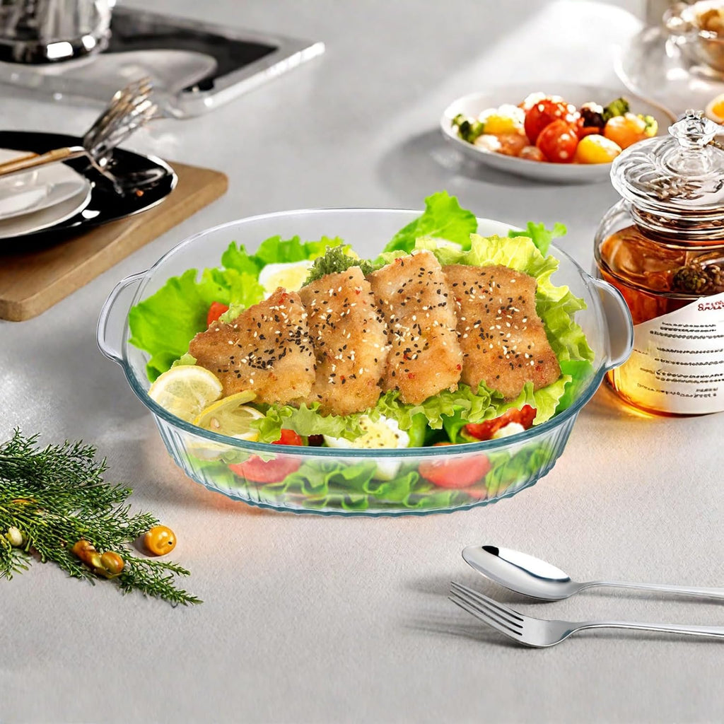 Regine Switzerland Glass Casserole Baking Dishes - 2 Pack with Lids | 1.9 Qt & 3 Qt Ribbed Oval Bakeware Set for Lasagna and Casseroles