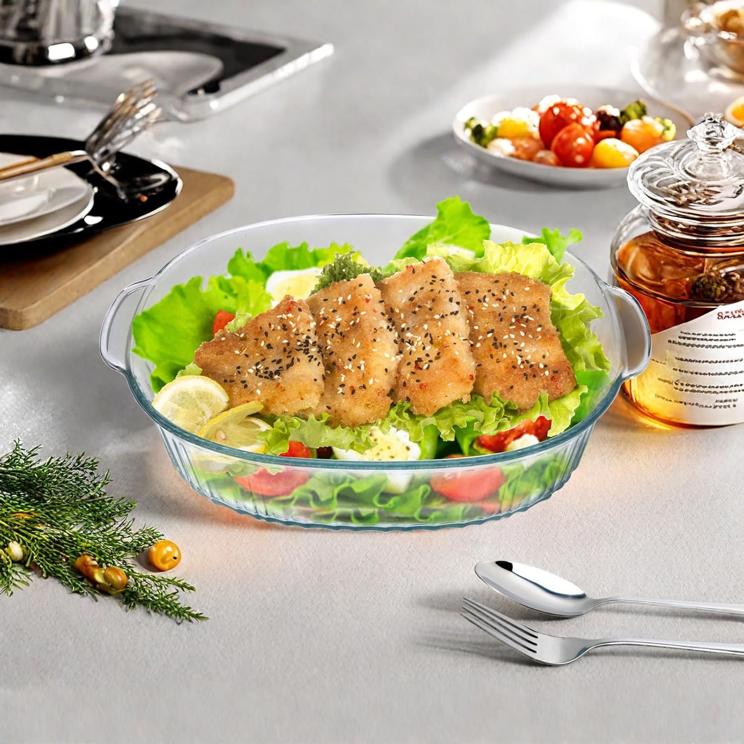 Regine Switzerland Glass Casserole Baking Dishes - 2 Pack with Lids | 1.9 Qt & 3 Qt Ribbed Oval Bakeware Set for Lasagna and Casseroles