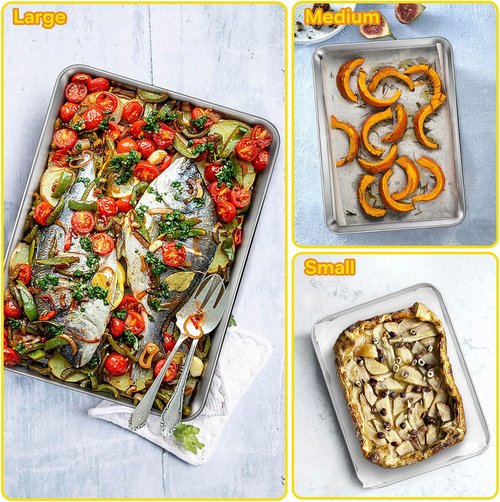 E-far Baking Cookie Sheet Pan Set - 3 Stainless Steel Baking Pans | Non-Toxic, Easy Clean, Dishwasher Safe, 16/12.4/10.4 Inch