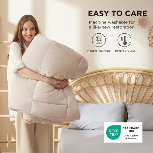 Bedsure Comforter Duvet Insert - All-Season Quilted Queen Plus Size Blanket | GentleSoft Down Alternative, Beige 90 x 90 Inches