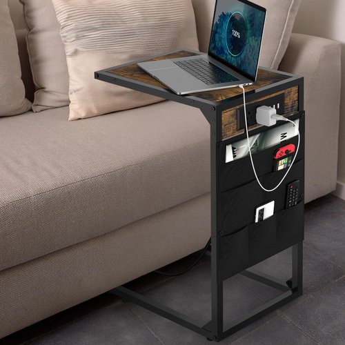 CADUKE C Shaped End Table with Charging Station, TV Tray Set of 2, Couch Side Tables with Storage Bag, Sofa Tables That Slide Under with 3 USB Ports and Outlets for Living Room, Brown