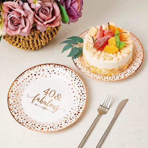 Crisky 40 Fabulous Disposable Plates for Women 40th Birthday Decorations Rose Gold Dessert, Buffet, Cake, Lunch, Dinner, Party Table Supples, 50 Count, 9 inches