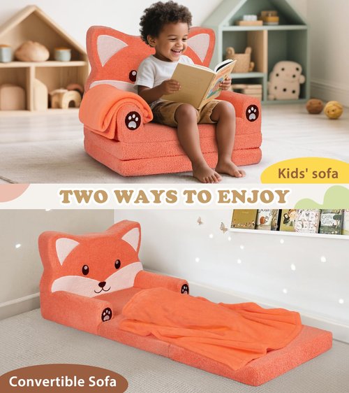 Foryoomi Kids Couch, 2-in-1 Soft Toddler Couch Fold Out with Blanket, Chair Comfy, Foldable Convertible Plush Sofa, Gifts for Kids Girl Boys, Fox