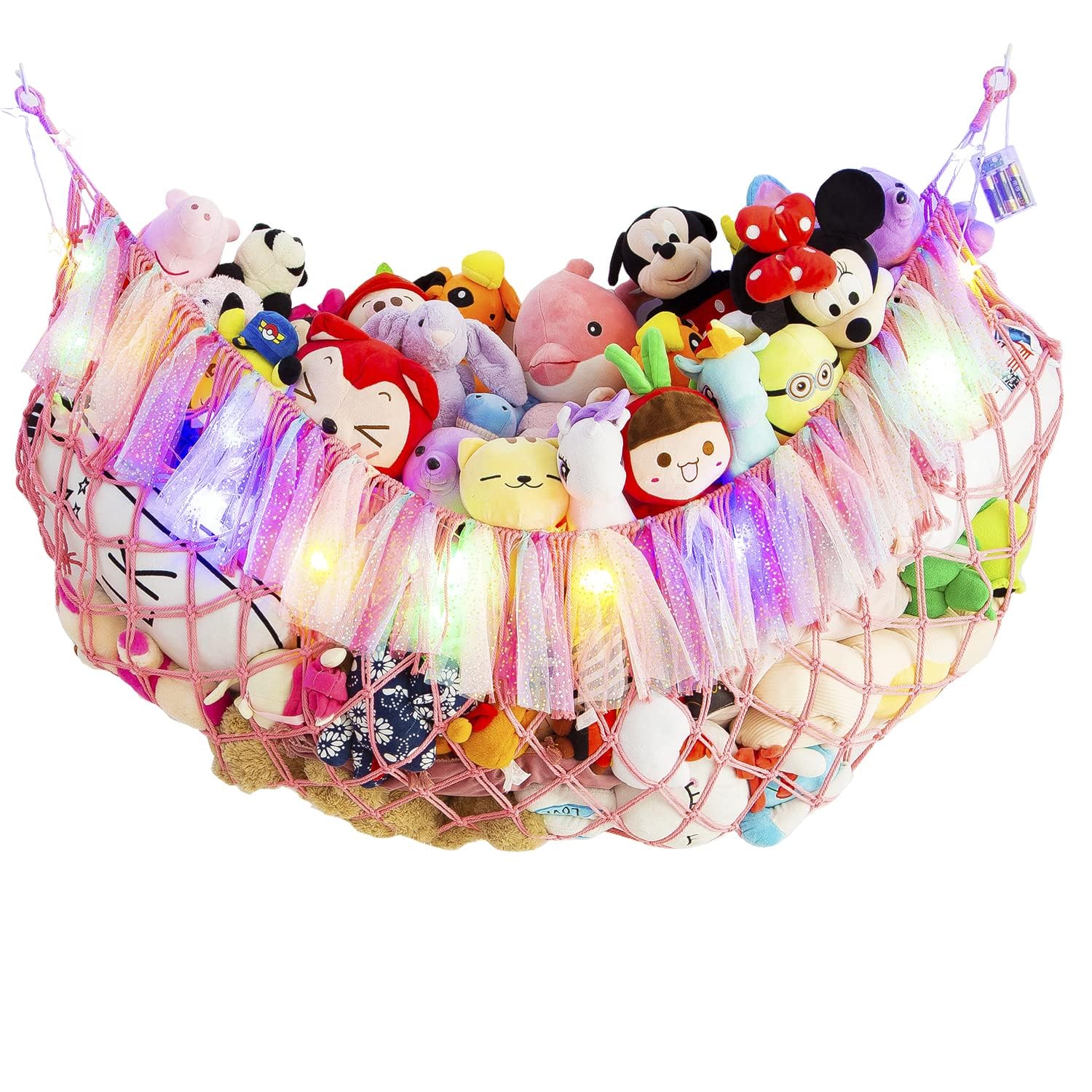Jumbo Toy Hammock for Stuffed Animal Net Boho Macrame Toy Hammock with Led Light Stuffed Animal Storage Ideas Plush Toy Display Squishmallow Holder Net-Pink