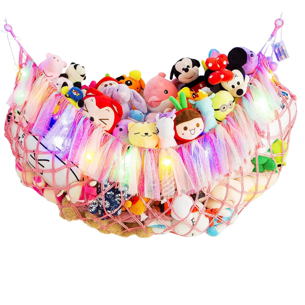 Jumbo Toy Hammock for Stuffed Animal Net Boho Macrame Toy Hammock with Led Light Stuffed Animal Storage Ideas Plush Toy Display Squishmallow Holder Net-Pink