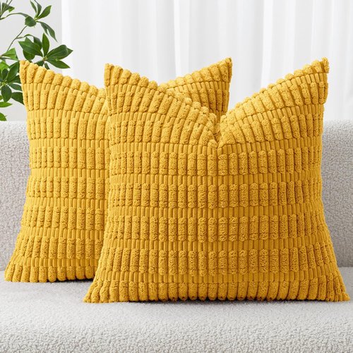 MIULEE Corduroy Throw Pillow Covers - Soft Boho Striped Design | 18x18 Inch Mustard Yellow for Modern Home Decor