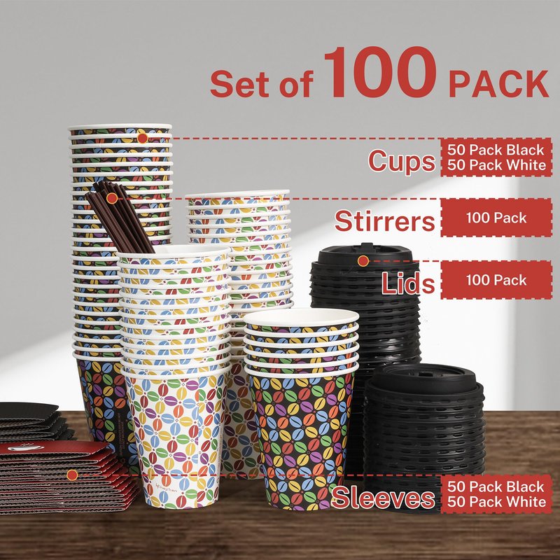 100 Pack 12 oz Paper Coffee Cups with Lids and Sleeves, To Go Paper Cups for Hot & Cold Beverage, Sturdy Thick Paper & Leak-free, Black & White Designs for Home, Business, Café, Juice or Tea.