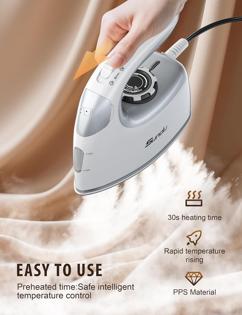 Sundu 1000W Mini Travel Steam Iron - Portable Quilting & Sewing Iron with Non-Stick Soleplate | Silver Grey