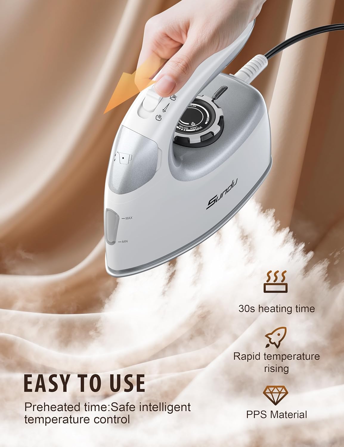 Sundu 1000W Mini Travel Steam Iron - Portable Quilting & Sewing Iron with Non-Stick Soleplate | Silver Grey