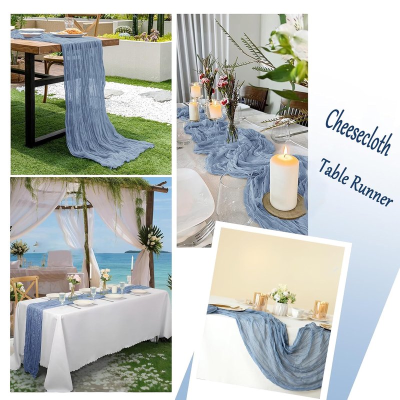 6 Pack Dusty Blue Cheesecloth Table Runner, 35 x 120 Inch Dusty Blue Cheese Cloth Table Runner, 10FT Boho Gauze Spring Table Runners for Wedding Bridal Baby Shower Birthday Party