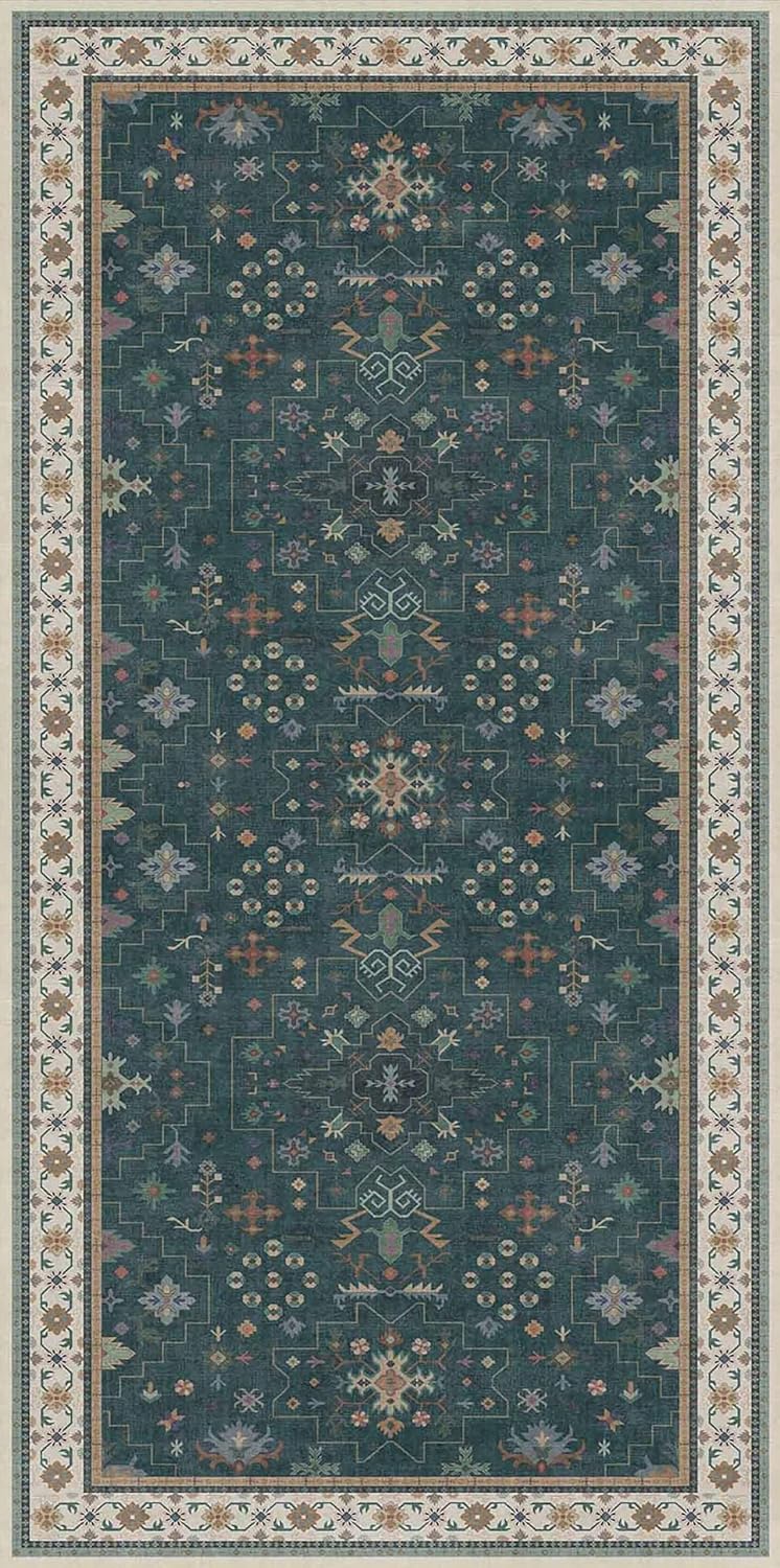 Oushak Dark Green 3x6 Kitchen Rug - Modern Vintage Boho Floral, Washable Non-Slip Area Rug for Entryway & Bedroom