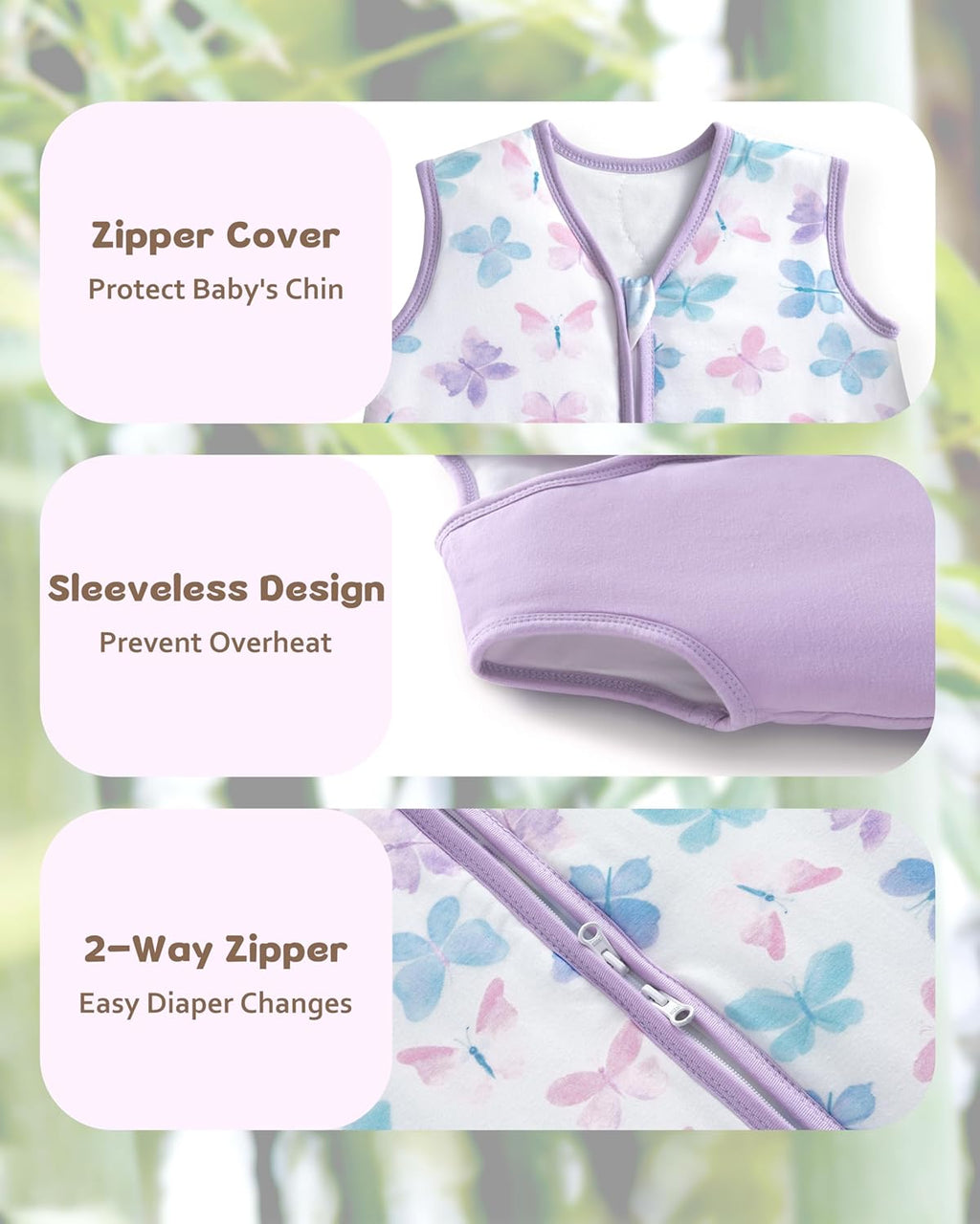 Rayon Made from Bamboo Baby Sleep Sack - Soft 1.0 Tog Wearable Blanket for Infants | 6-12 Months, Purple Butterfly (2 Pack)