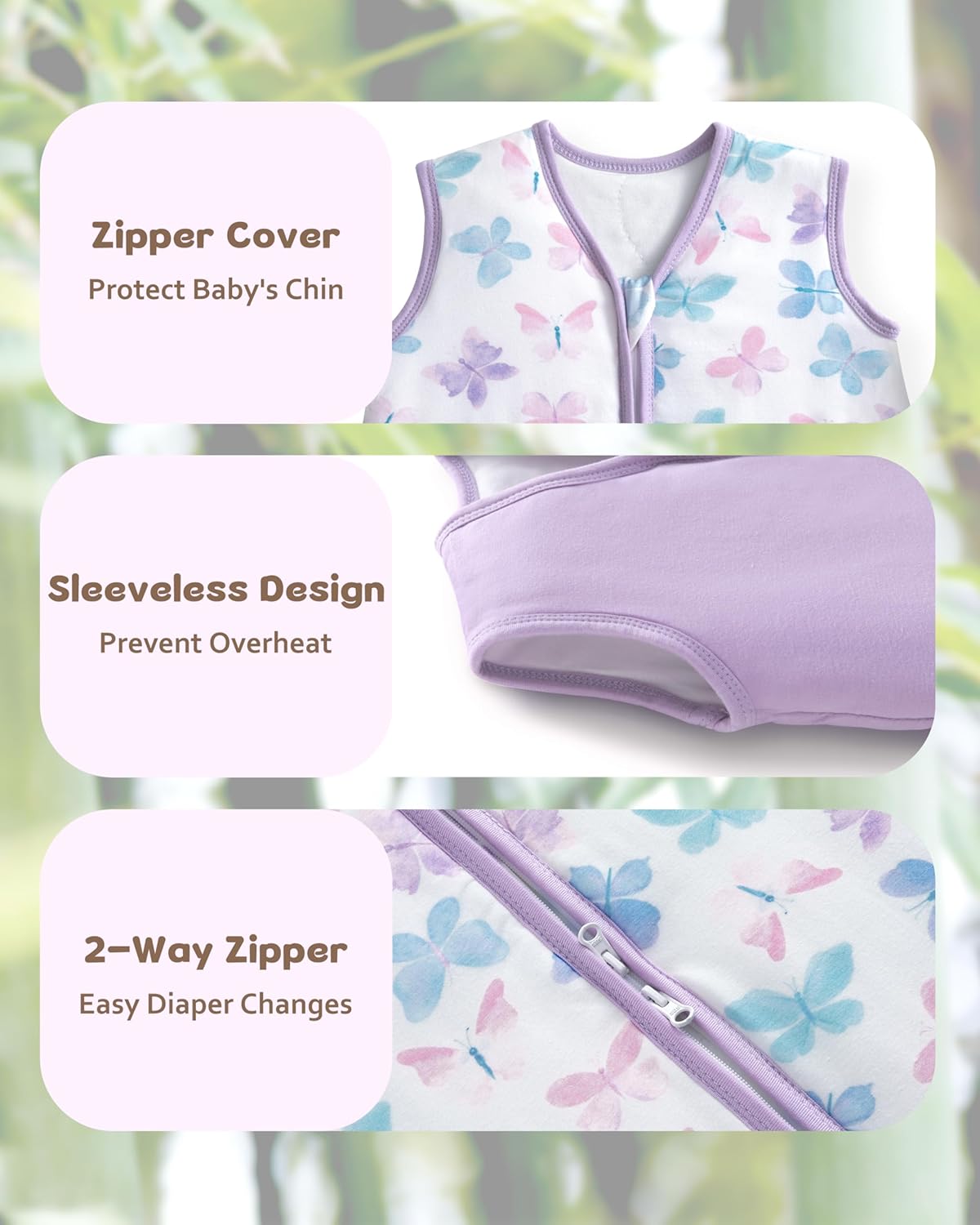 Rayon Made from Bamboo Baby Sleep Sack - Soft 1.0 Tog Wearable Blanket for Infants | 6-12 Months, Purple Butterfly (2 Pack)
