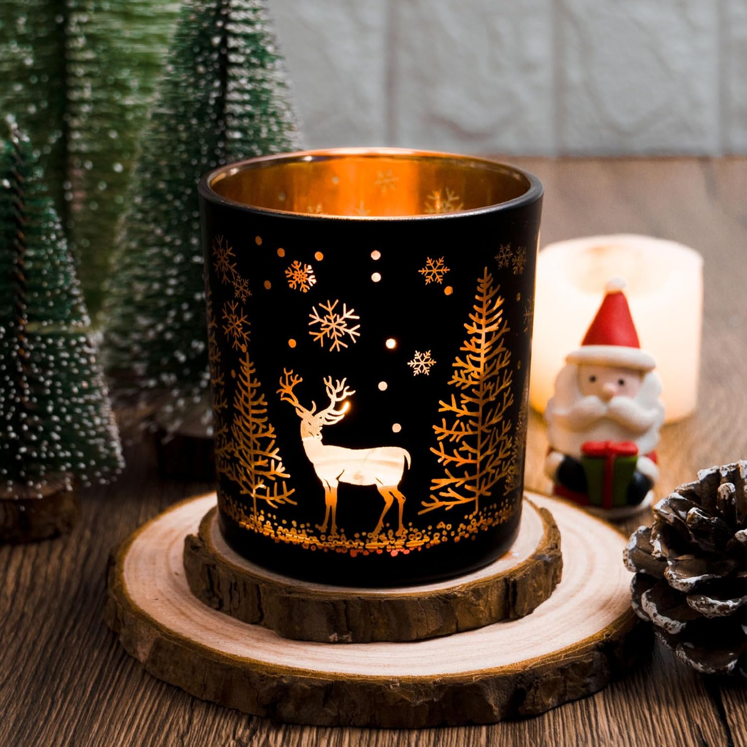 Skiennix Votive Candle Holders - Black & Gold Glass Tealight Set of 3 | Festive Elk, Tree & Snowflake Design for Holiday Decor