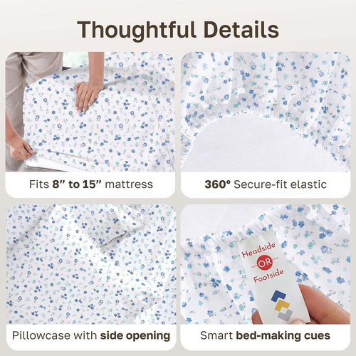 California Design Den Twin Size Cotton Sheet Set - 100% Soft Sateen, 400 Thread Count, Floral White/Blue