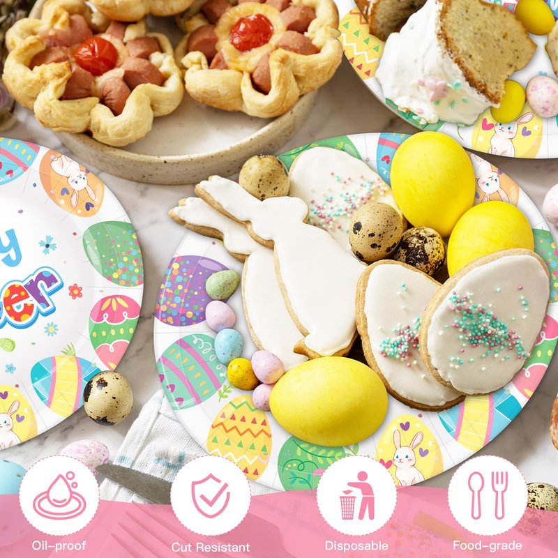 50 Count Easter Plates Heavy Duty, Large Disposable Easter Oval Paper Plates, 10" X 12.5" Happy Easter Platters Dinner Party Plate Pastel Eggs Dinnerware Tableware Spring Holiday Party Supplies