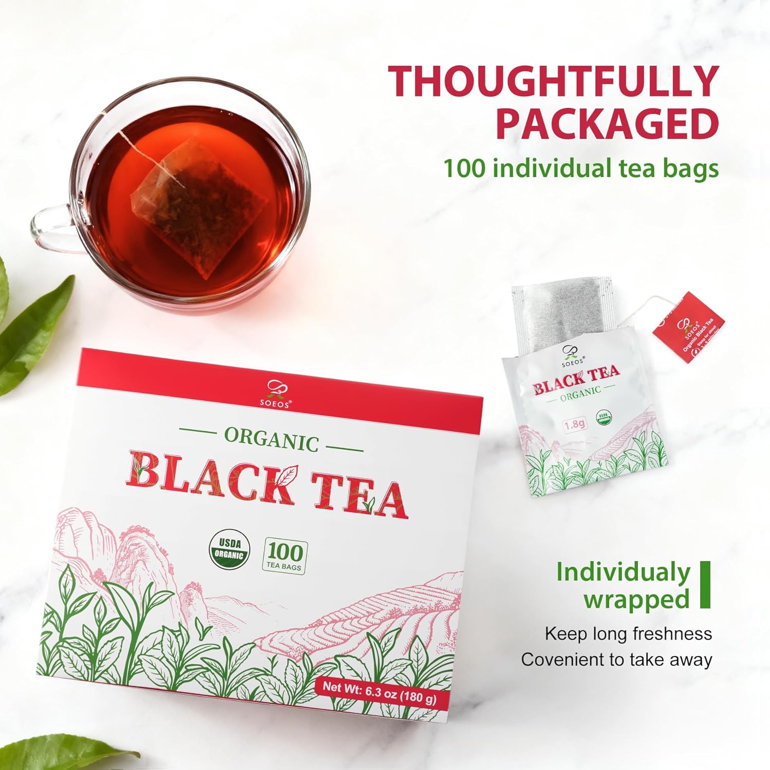 Soeos Organic Black Tea Bags - Bold Aroma & Smooth Flavor | 6.3oz (180g) Pack of 2, Premium Quality