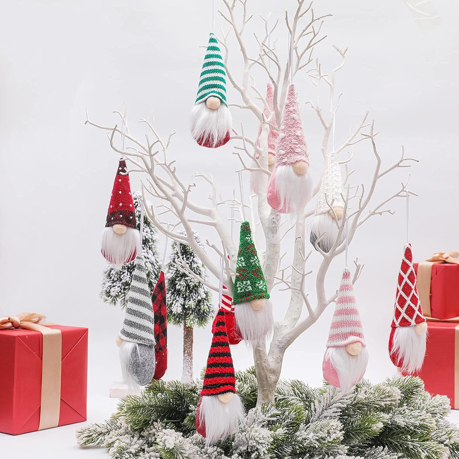 Tomte Gnome Christmas Ornaments Set of 3 - Plush Decorative Hanging Ornaments for Trees | Red