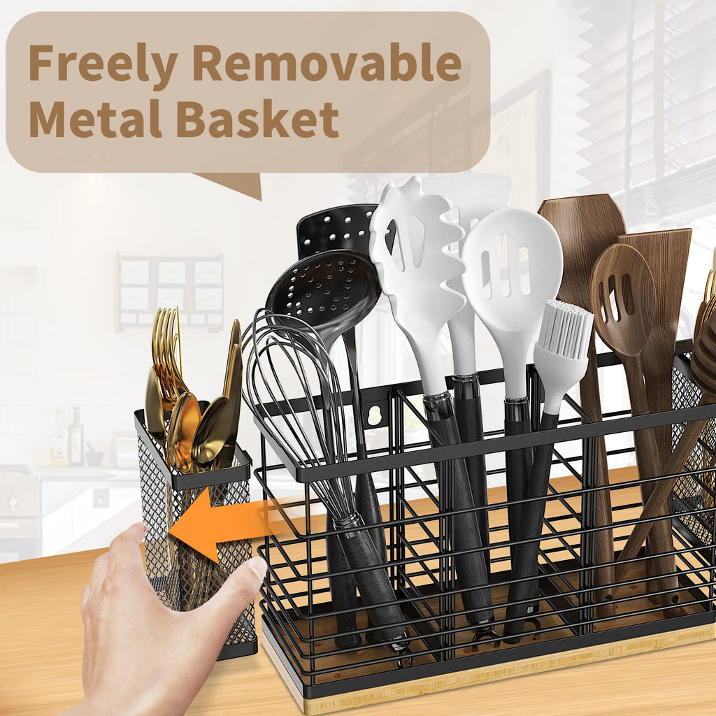 BEGULF Large Utensil Holder for Kitchen Counter, Wall Mounted Silverware Caddy with 5 Compartments, Metal Utensil Caddy with 2 Small Removable Basket and Wooden Base