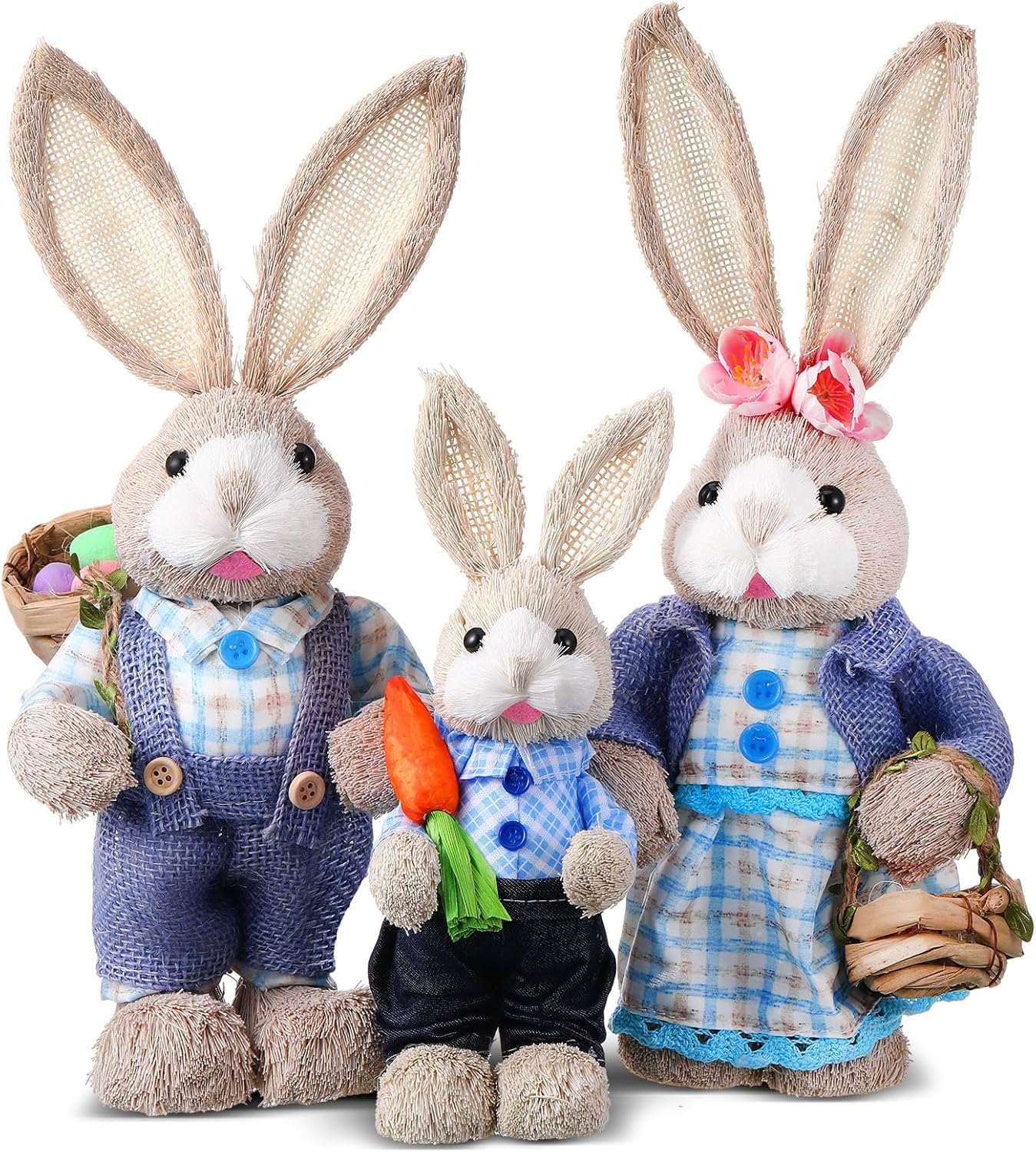 Wesiti Easter Bunny Decorations - Set of 3 Natural Sisal Straw Figurines | 13.8" & 9.8" Tabletop Statues