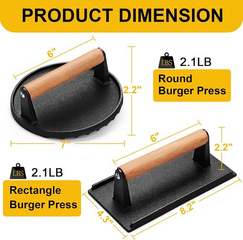 AIVIKI Burger Press - Heavy Duty Cast Iron Smash Press for Griddle | Round 6.9In & Rectangular 8.2x4.2In